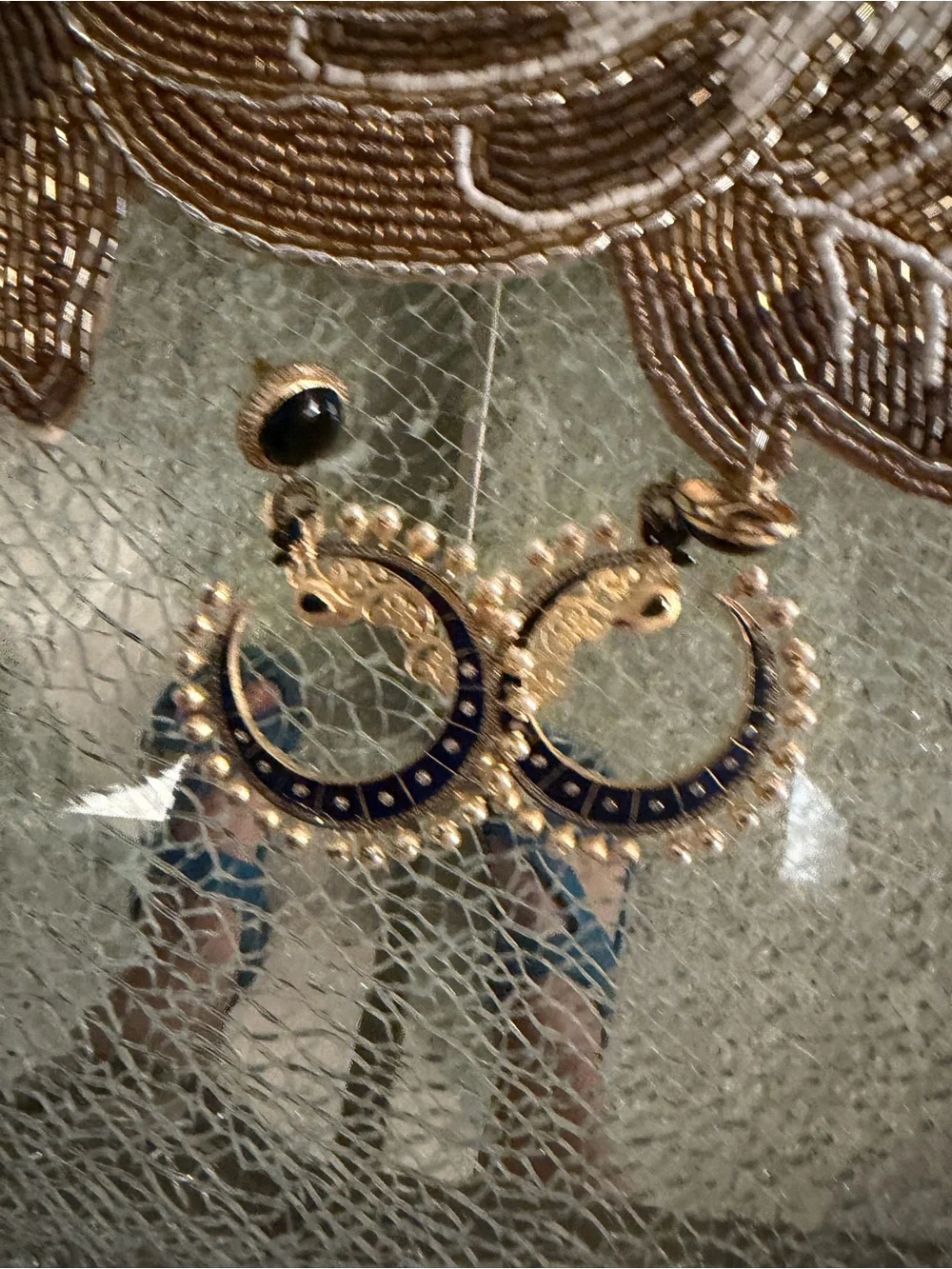 Gold and Navy Enamel Crescent Earrings with Bead Fringe